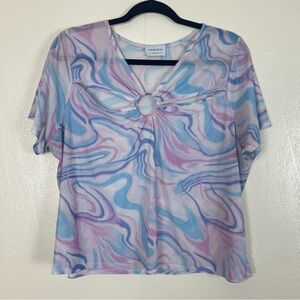 Pastel Swirl Ring-Front Short Sleeve sheer top- Blue & Purple